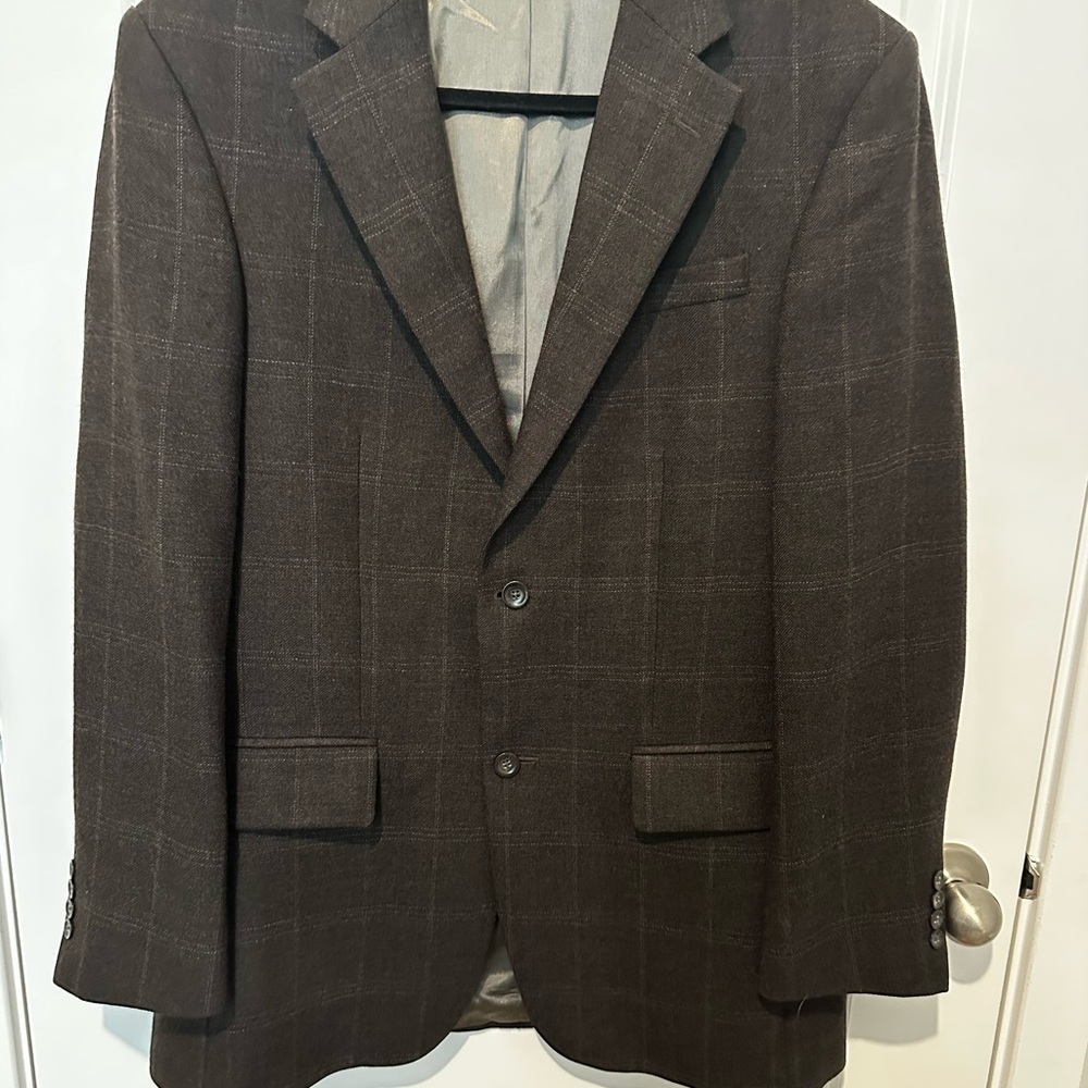 Oscar de la Renta Brown Sport Coat with Windowpane Pattern 100% Wool